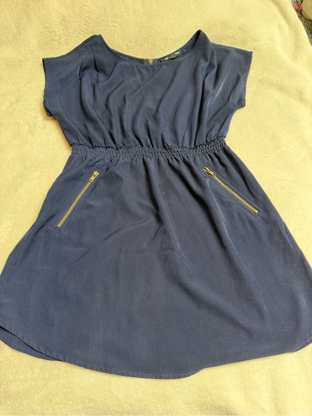 one clothing Navy Blue Short Sleeve Mini Dress with Gold Zippers